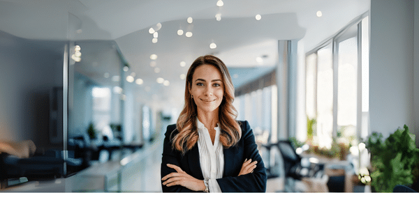Femme en tailleur gris souriante