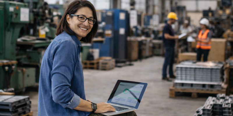 FEMME BRUNE AVEC PC PORTABLE DANS UNE USINE
