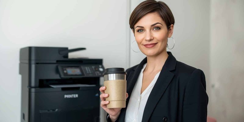 femme brune cheveux court consultante utilise un mug réutilisable devant une imprimante (1)