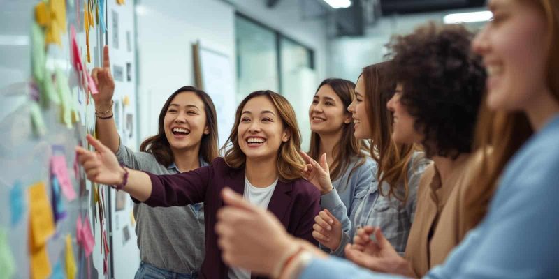 une femme faisant une animation de brainstorming avec un groupe de manager en entreprise sympathique (2)